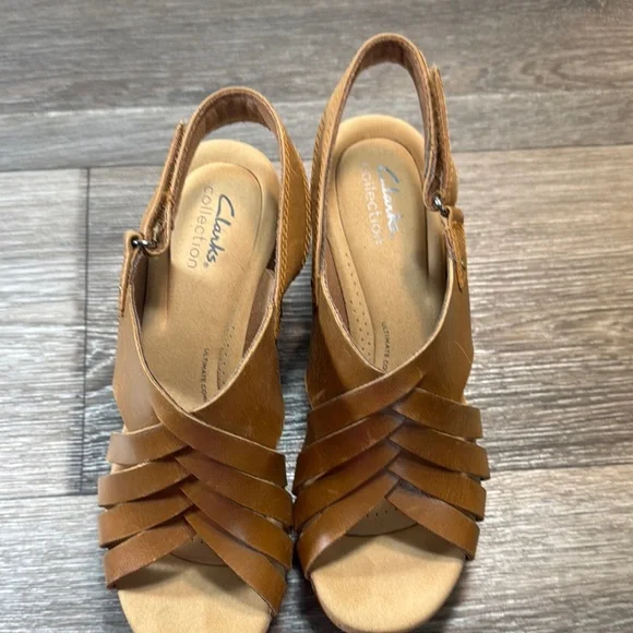 Clarks Brown Leather Wedge Sandals woman’s 9 (b142) - Picture 3 of 8